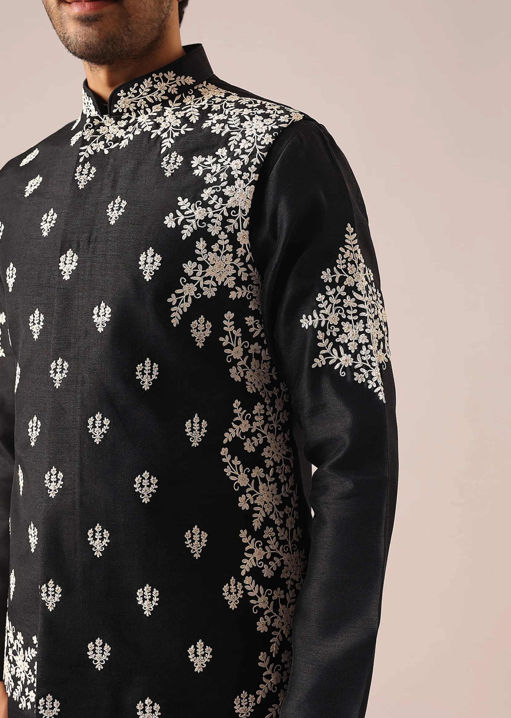 Black Floral Jacket And Kurta Set