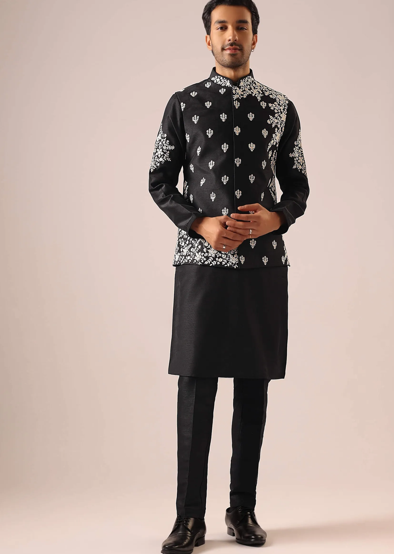 Black Floral Jacket And Kurta Set