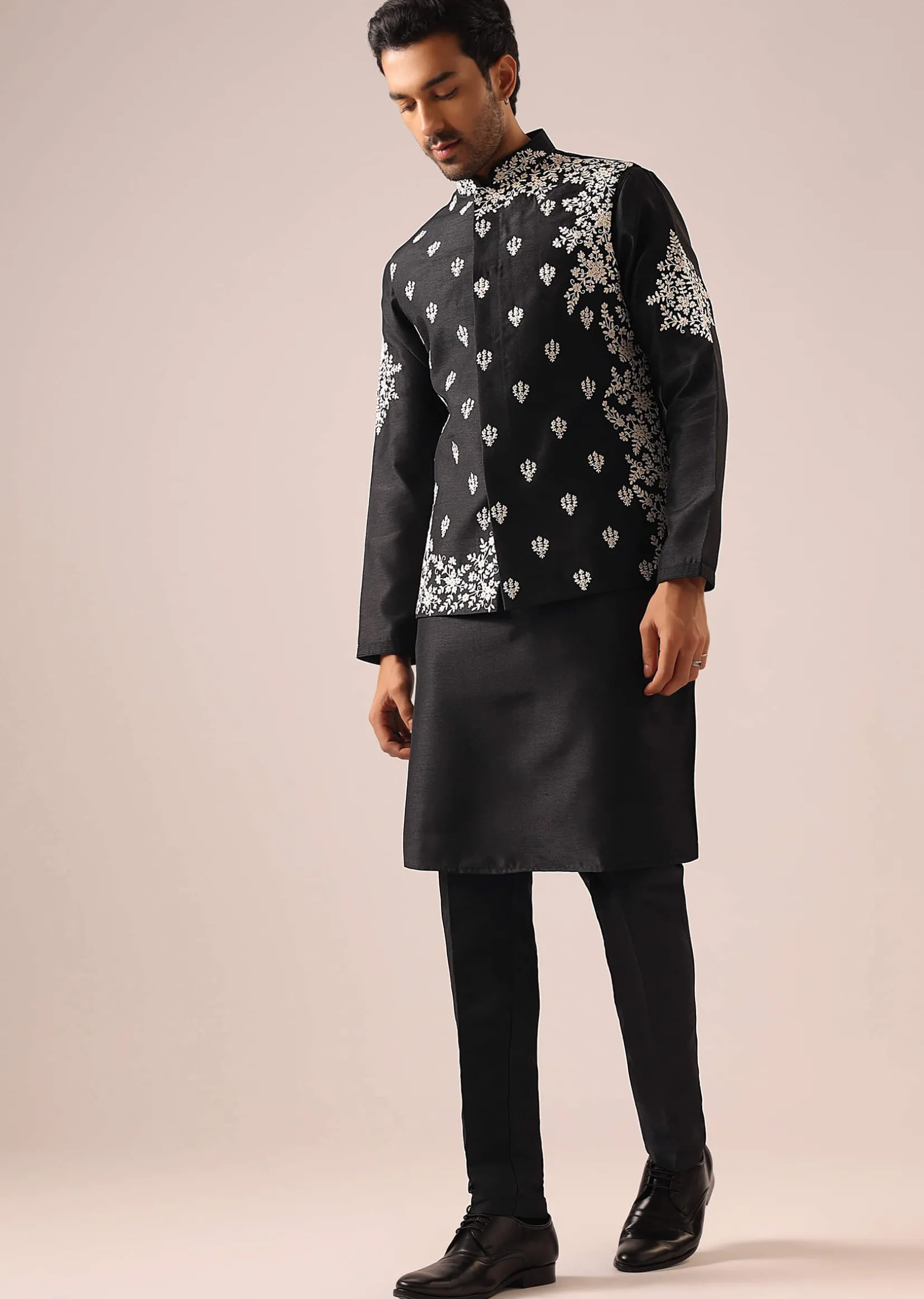 Black Floral Jacket And Kurta Set