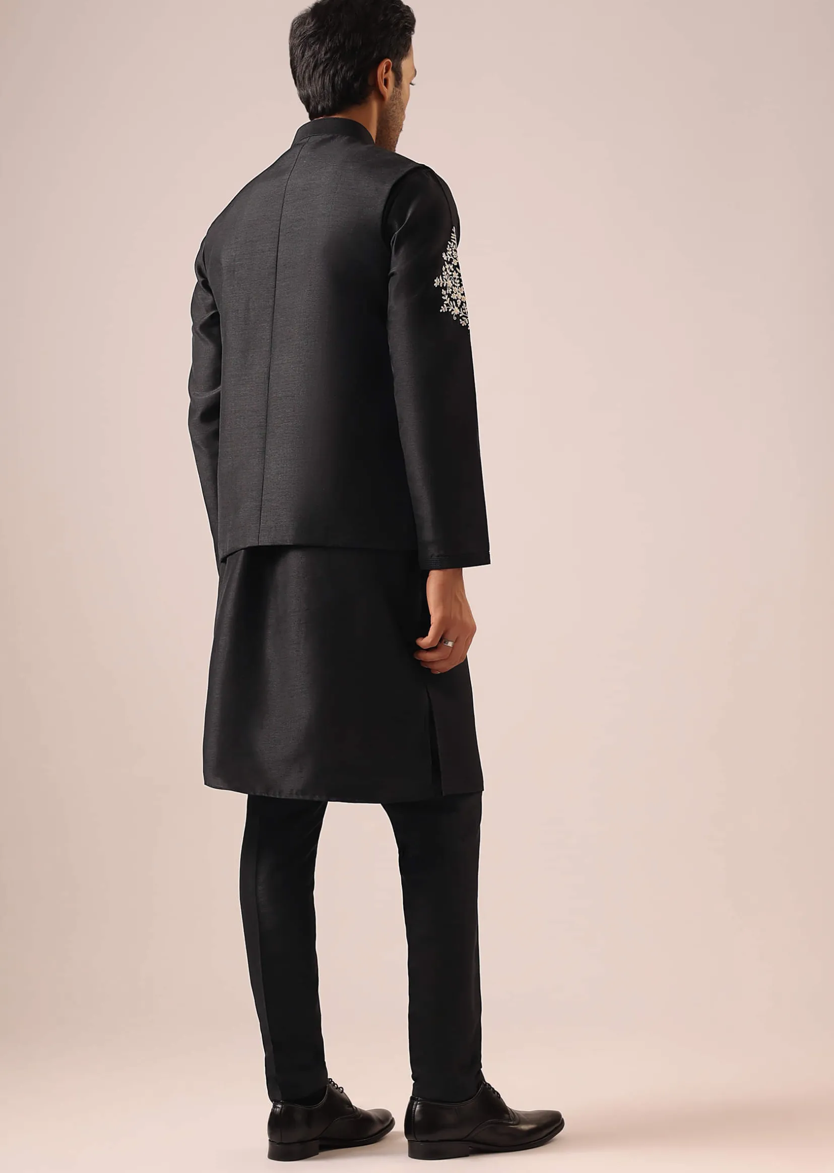 Black Floral Jacket And Kurta Set