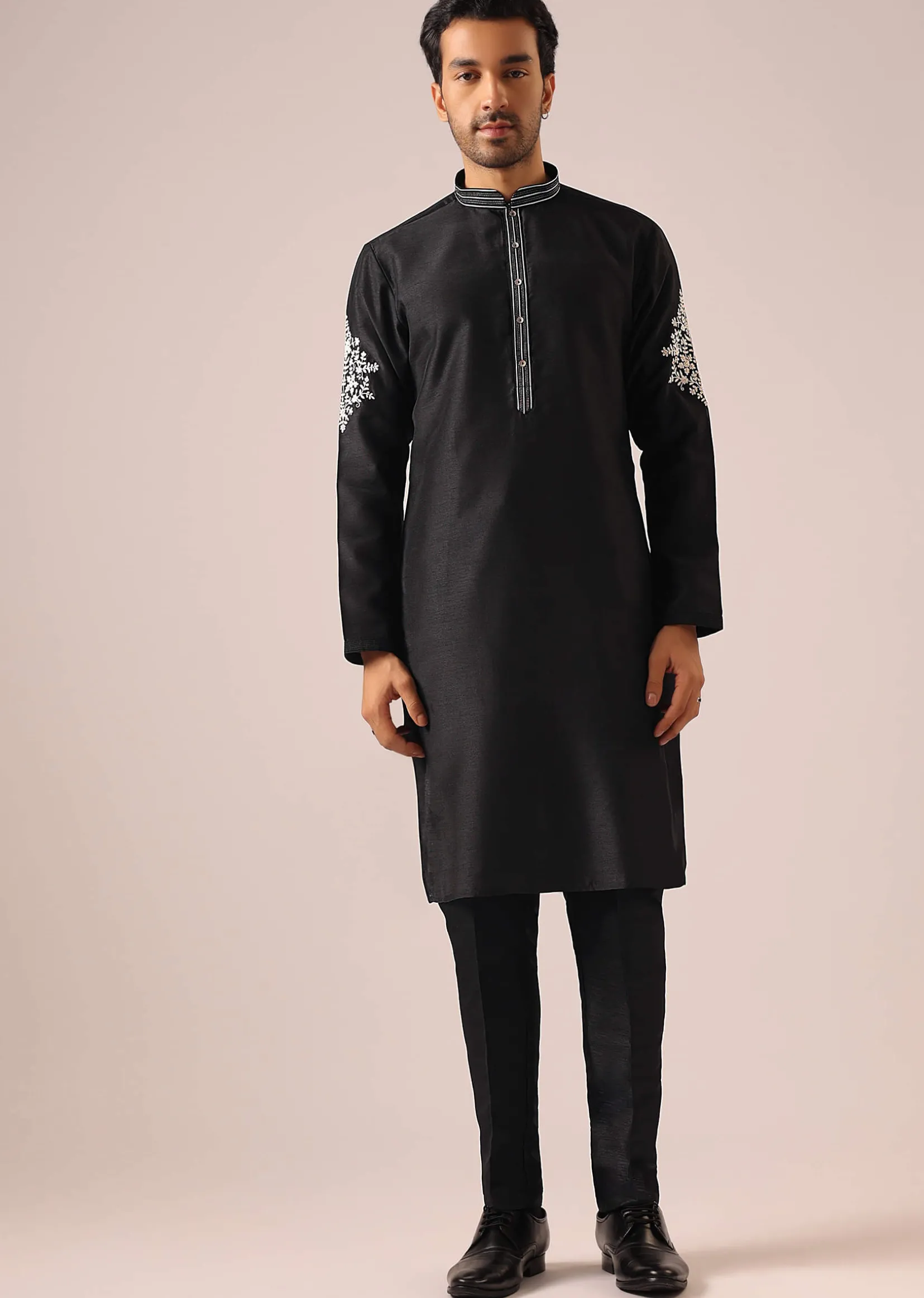 Black Floral Jacket And Kurta Set