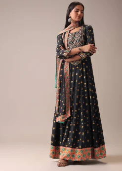 Black Floral Printed Anarkali Suit Set In Art Silk
