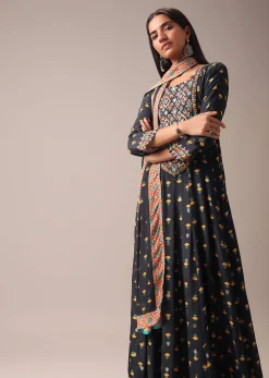 Black Floral Printed Anarkali Suit Set In Art Silk