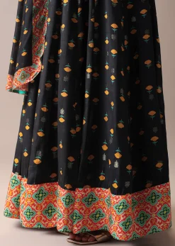 Black Floral Printed Anarkali Suit Set In Art Silk