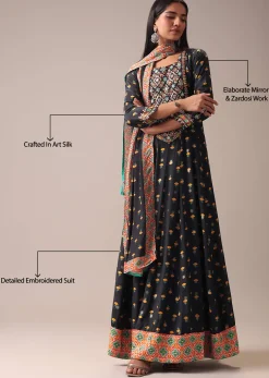 Black Floral Printed Anarkali Suit Set In Art Silk