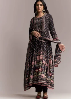Black Floral Printed Anarkali Set