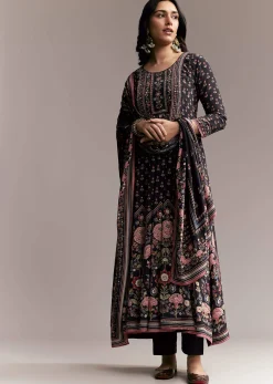 Black Floral Printed Anarkali Set
