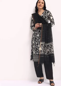 Black Floral Printed Chanderi Kurta Set With Bandhani Dupatta