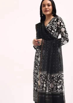 Black Floral Printed Chanderi Kurta Set With Bandhani Dupatta