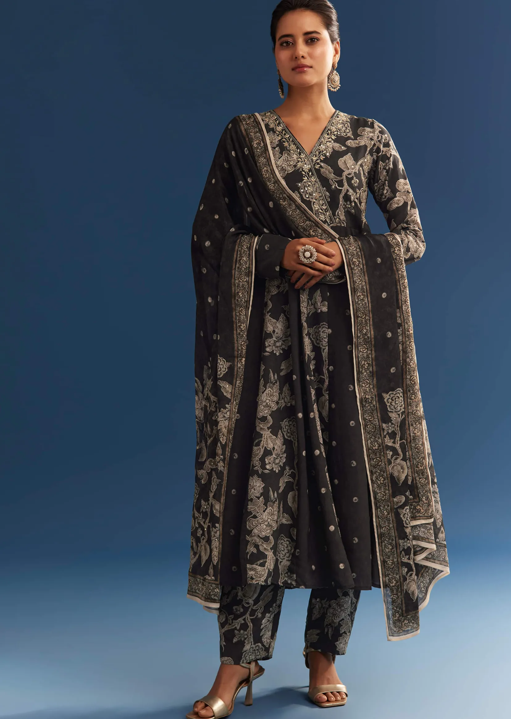 Black Floral Printed Crepe Anarkali Set With Embroidered Neckline