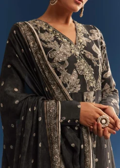 Black Floral Printed Crepe Anarkali Set With Embroidered Neckline