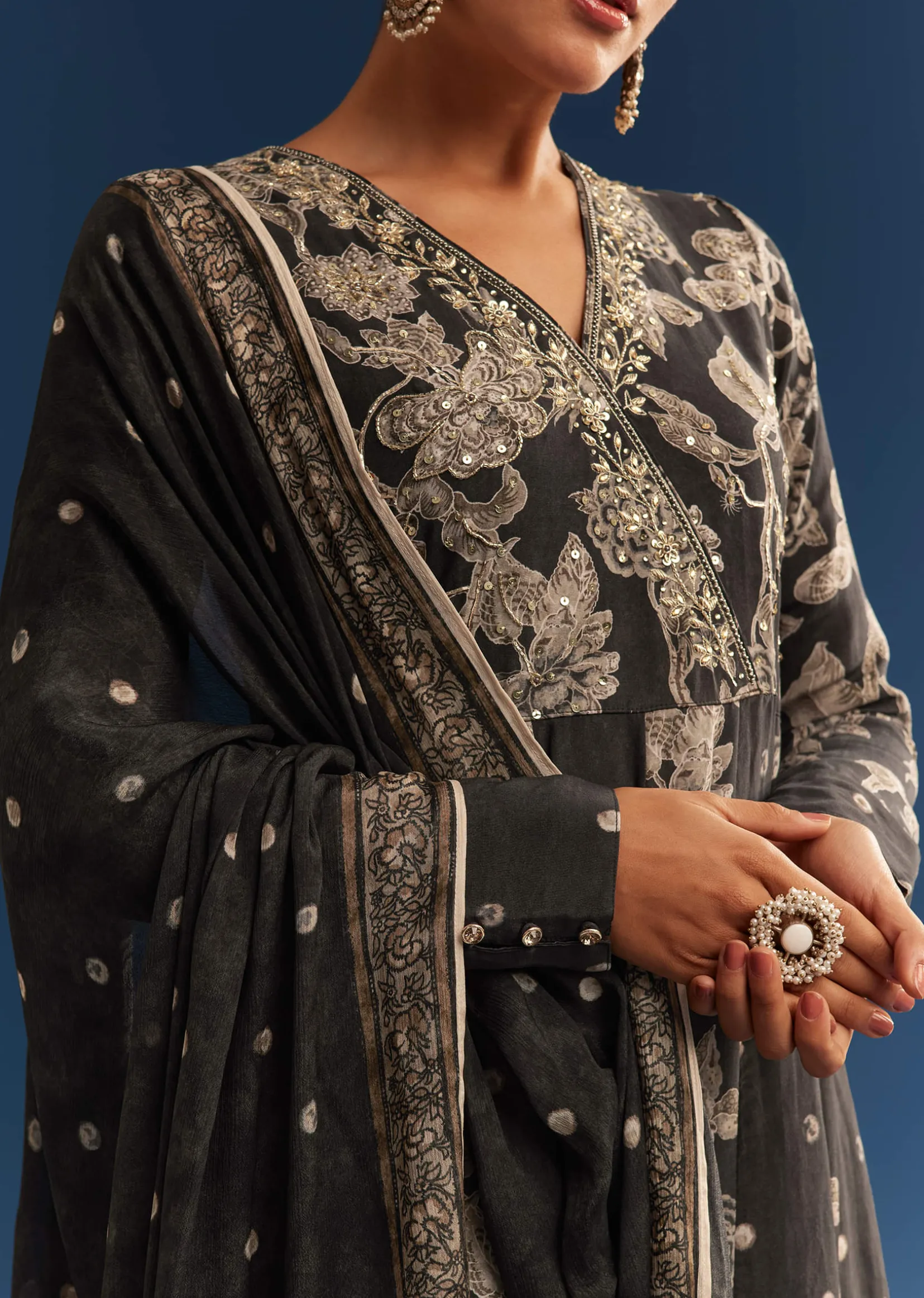 Black Floral Printed Crepe Anarkali Set With Embroidered Neckline
