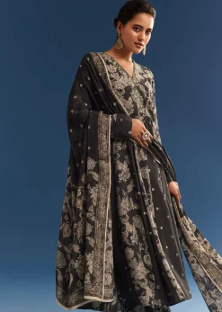 Black Floral Printed Crepe Anarkali Set With Embroidered Neckline