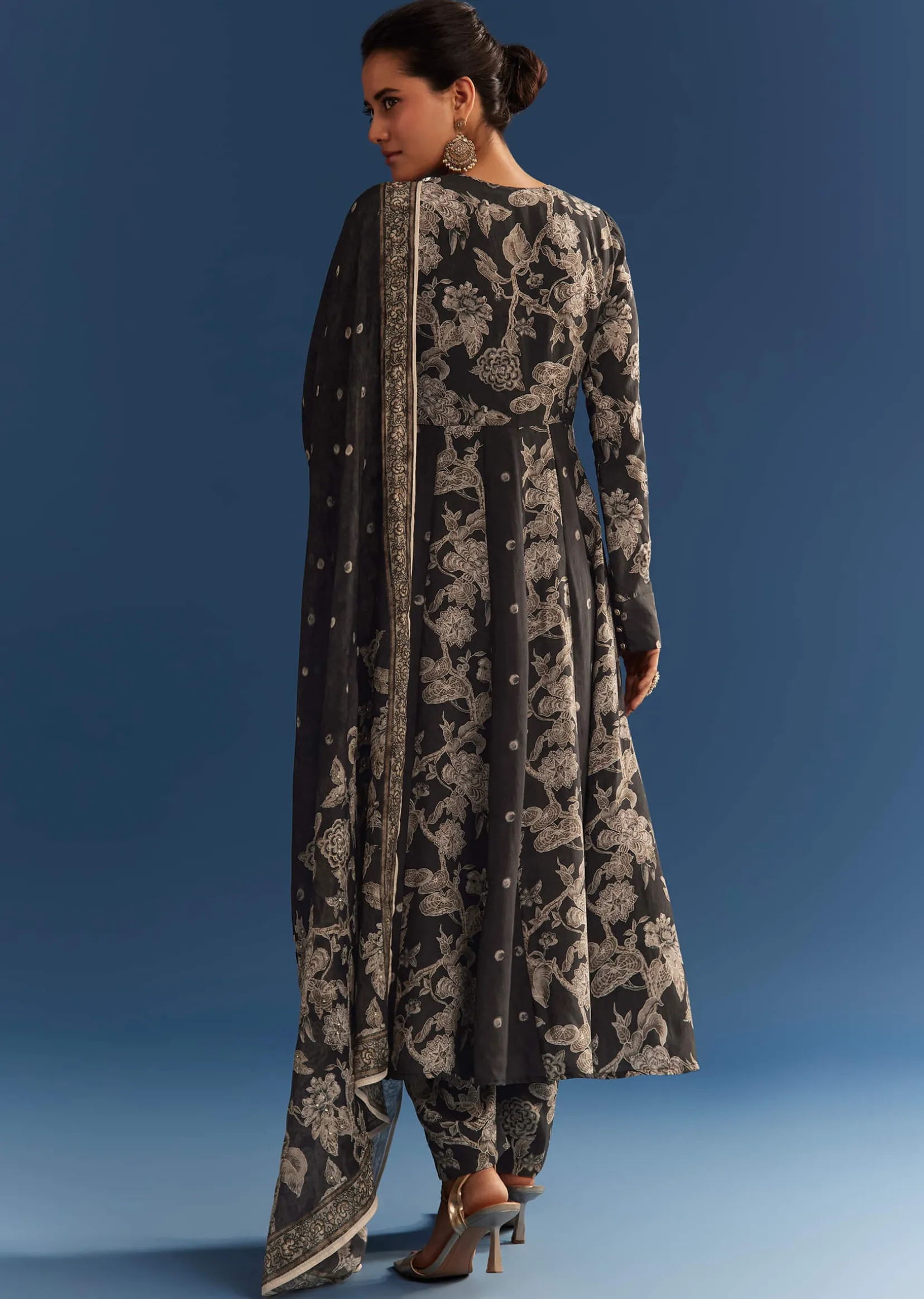 Black Floral Printed Crepe Anarkali Set With Embroidered Neckline