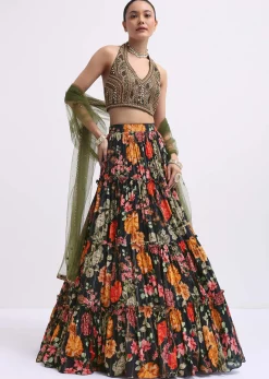Black Floral Printed Silk Lehenga Choli Set