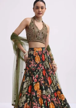 Black Floral Printed Silk Lehenga Choli Set