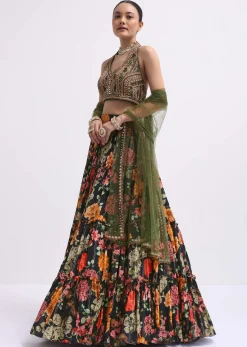 Black Floral Printed Silk Lehenga Choli Set