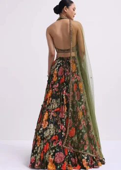 Black Floral Printed Silk Lehenga Choli Set