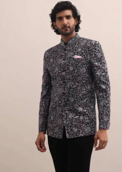 Black Floral Thread Embroidered Jodhpuri Suit For Men