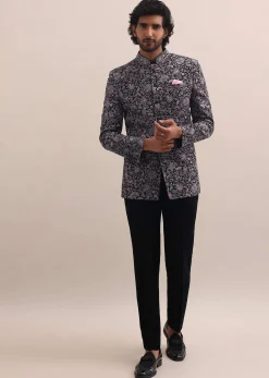 Black Floral Thread Embroidered Jodhpuri Suit For Men