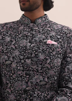 Black Floral Thread Embroidered Jodhpuri Suit For Men