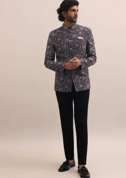 Black Floral Thread Embroidered Jodhpuri Suit For Men