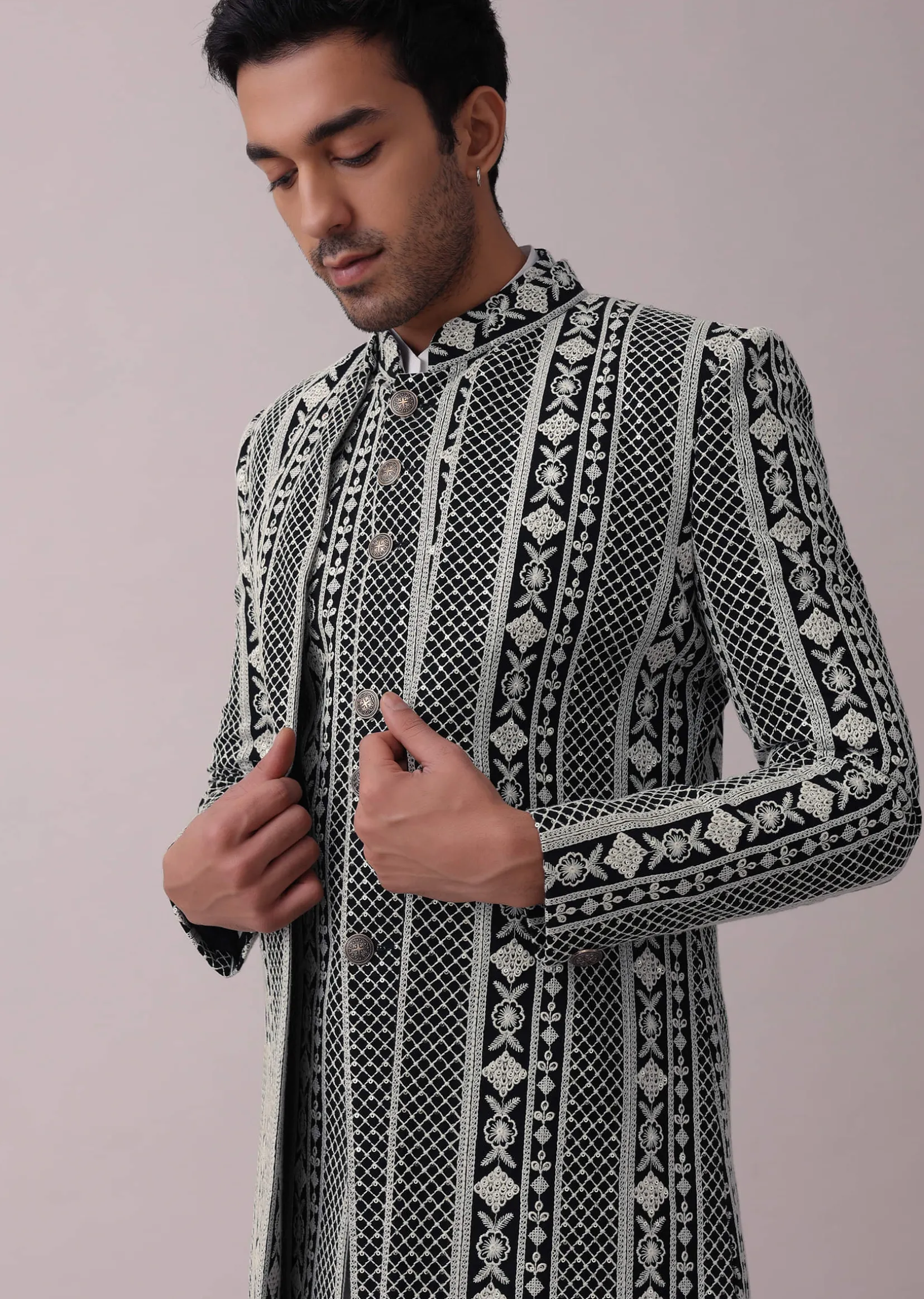 Black Four Piece Sherwani Set With Threadwork And Sequins Embroidery