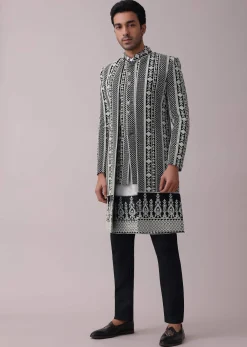 Black Four Piece Sherwani Set With Threadwork And Sequins Embroidery