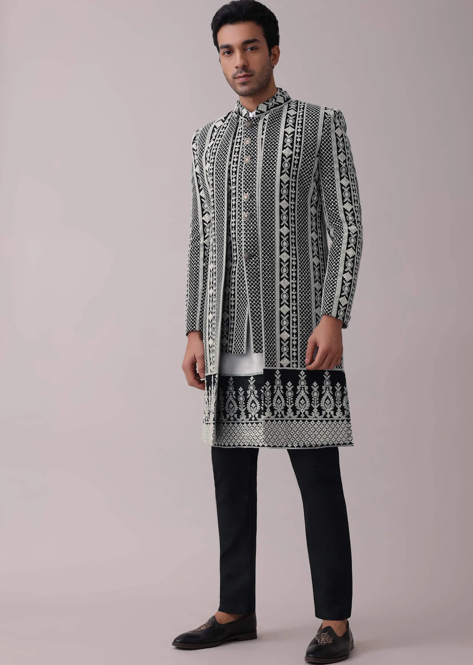 Black Four Piece Sherwani Set With Threadwork And Sequins Embroidery