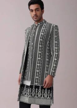 Black Four Piece Sherwani Set With Threadwork And Sequins Embroidery