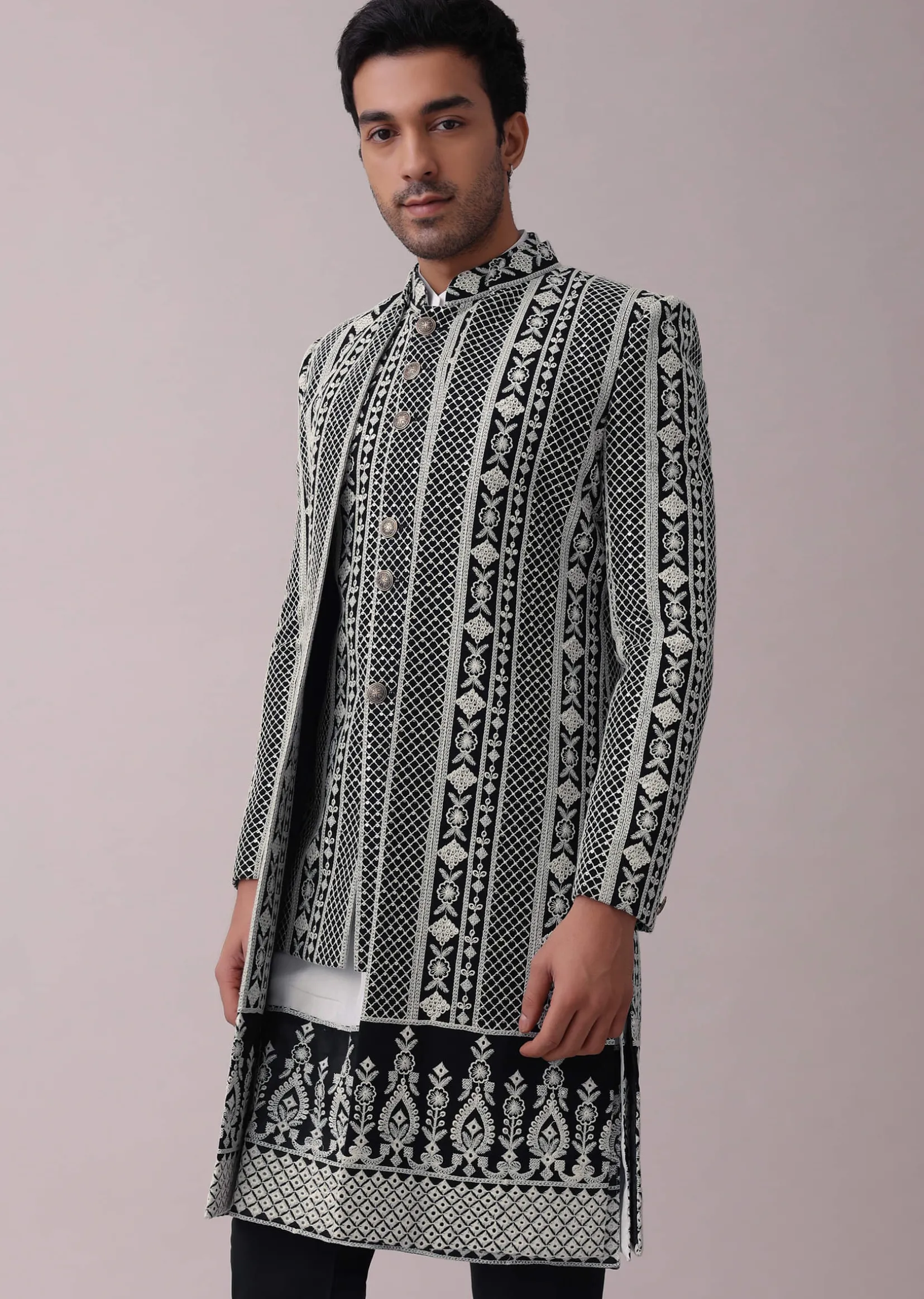 Black Four Piece Sherwani Set With Threadwork And Sequins Embroidery