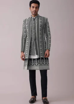 Black Four Piece Sherwani Set With Threadwork And Sequins Embroidery