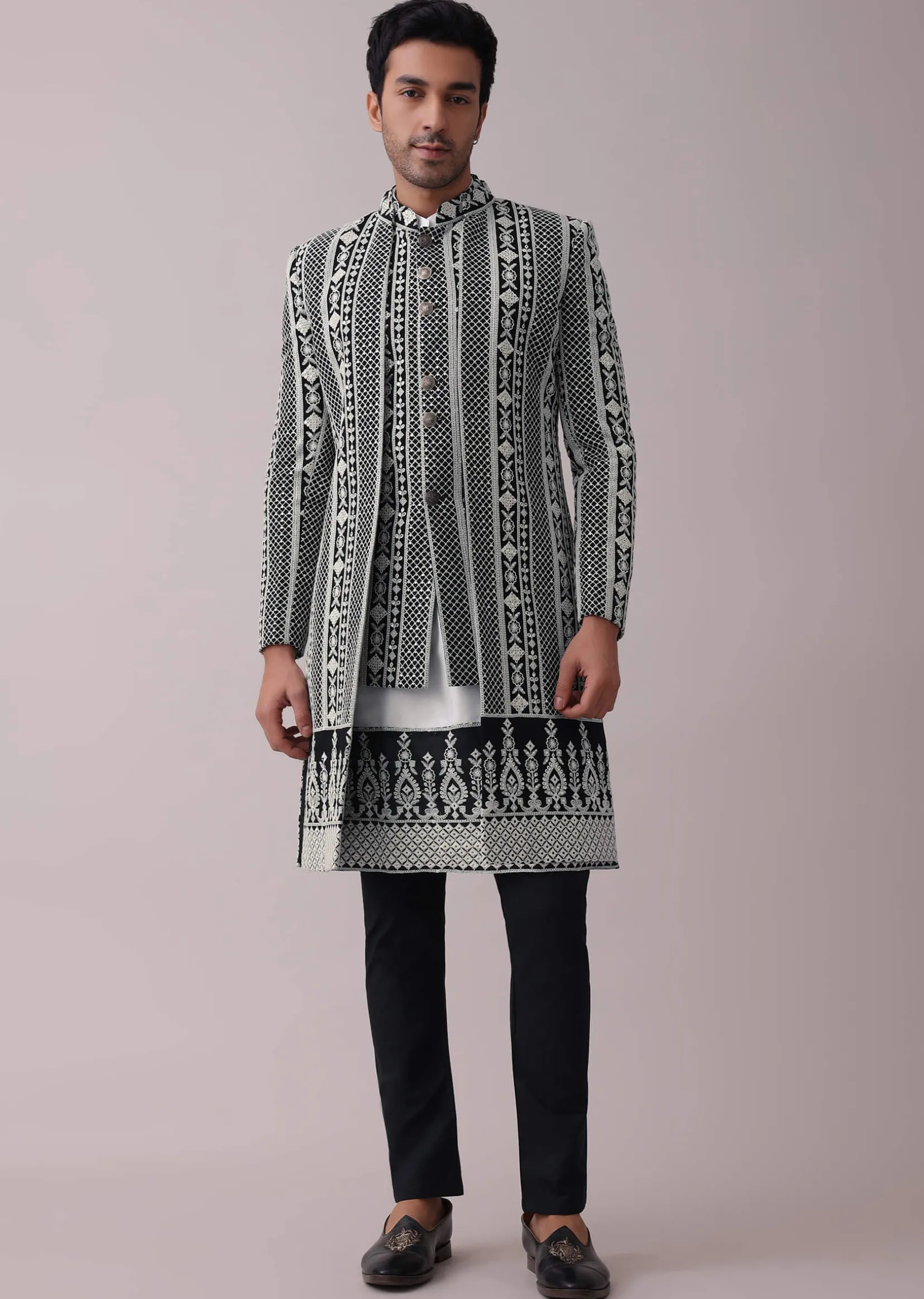 Black Four Piece Sherwani Set With Threadwork And Sequins Embroidery
