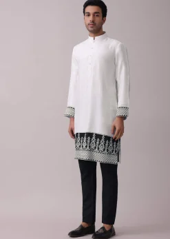 Black Four Piece Sherwani Set With Threadwork And Sequins Embroidery
