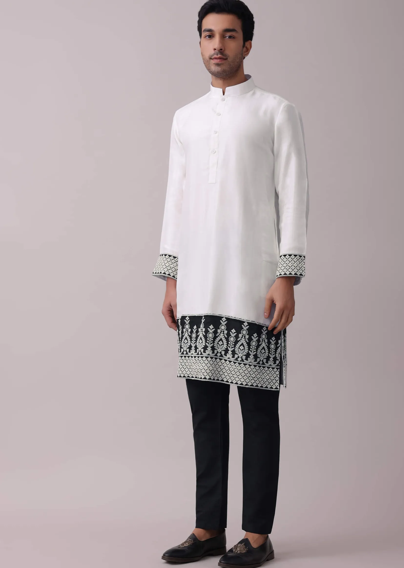 Black Four Piece Sherwani Set With Threadwork And Sequins Embroidery