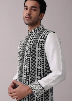 Black Four Piece Sherwani Set With Threadwork And Sequins Embroidery