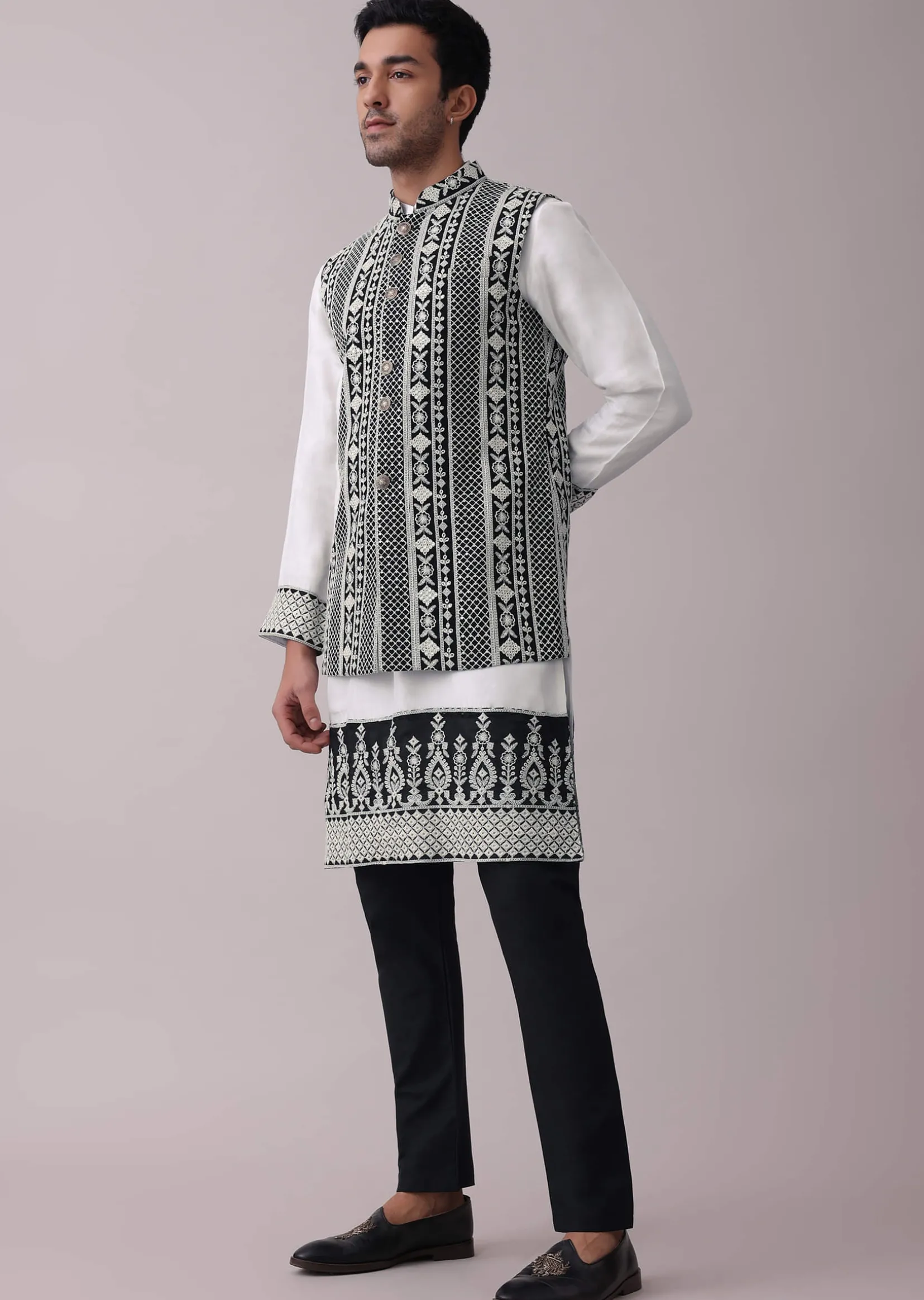 Black Four Piece Sherwani Set With Threadwork And Sequins Embroidery