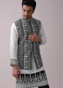 Black Four Piece Sherwani Set With Threadwork And Sequins Embroidery