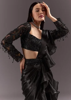 Black Frill Ready Drape Cutdana Sequin Saree With Square Neck Blouse