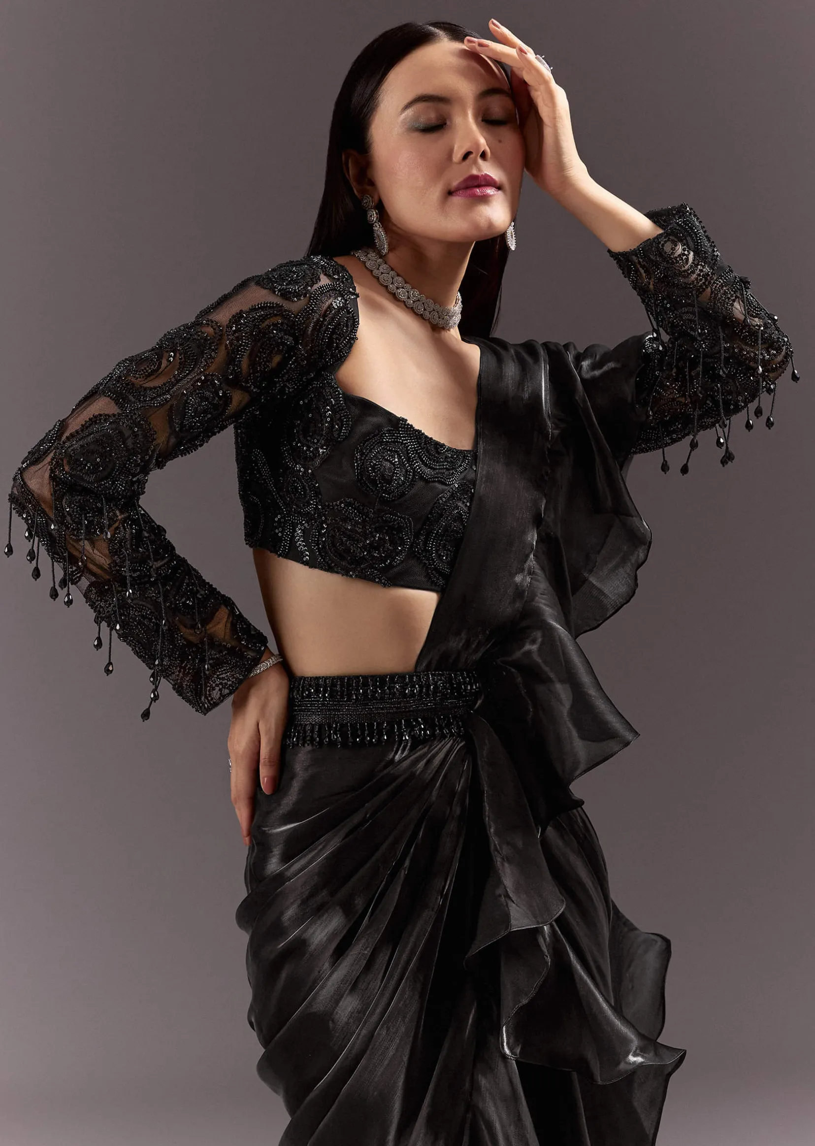 Black Frill Ready Drape Cutdana Sequin Saree With Square Neck Blouse