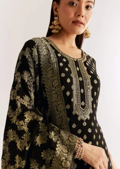 Black Georgette Banarasi Kurta Set With Mirror And Cutdana Neckline