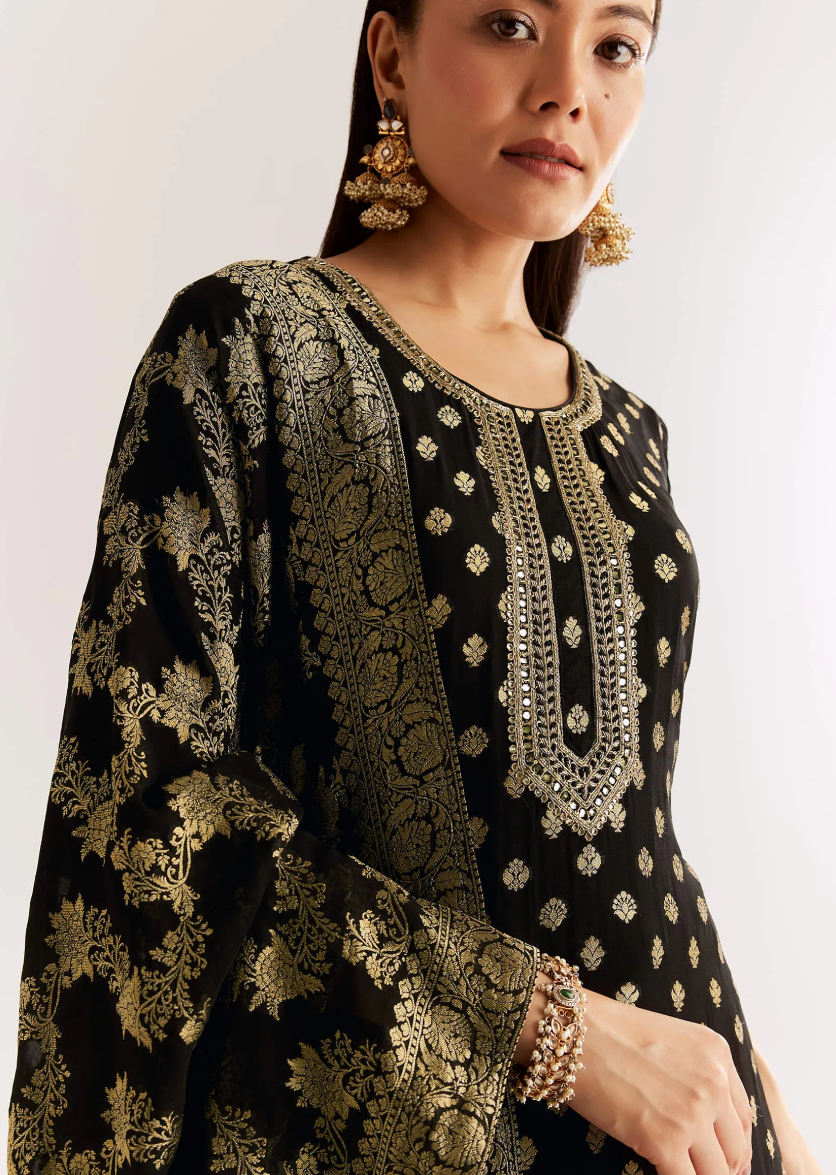 Black Georgette Banarasi Kurta Set With Mirror And Cutdana Neckline
