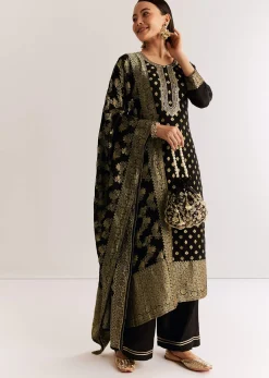 Black Georgette Banarasi Kurta Set With Mirror And Cutdana Neckline