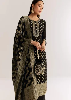Black Georgette Banarasi Kurta Set With Mirror And Cutdana Neckline