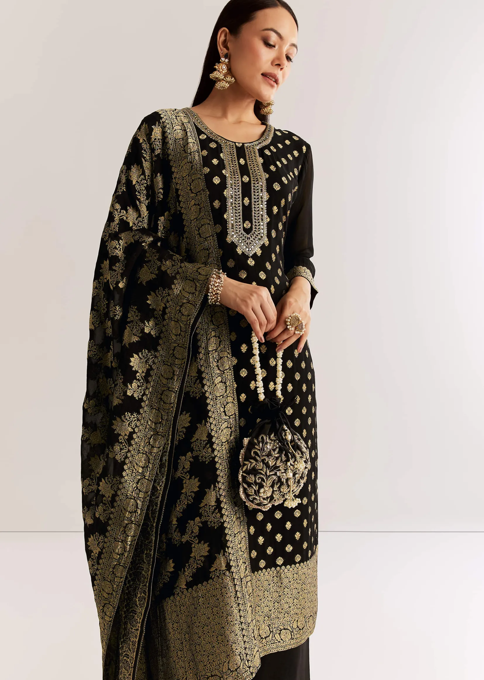 Black Georgette Banarasi Kurta Set With Mirror And Cutdana Neckline