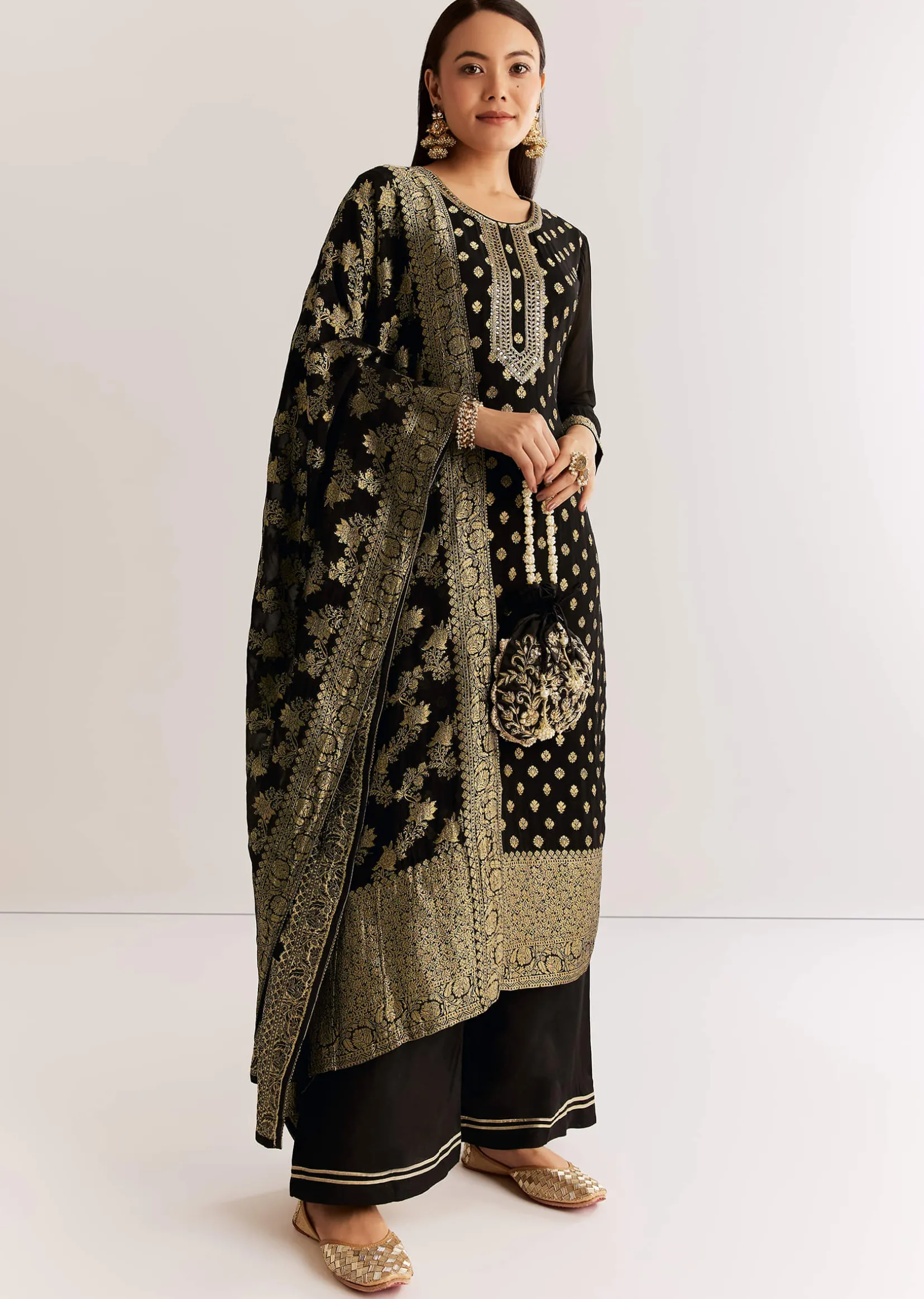 Black Georgette Banarasi Kurta Set With Mirror And Cutdana Neckline