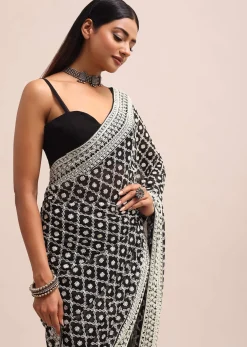Black Georgette Chikankari Saree With Unstitiched Blouse