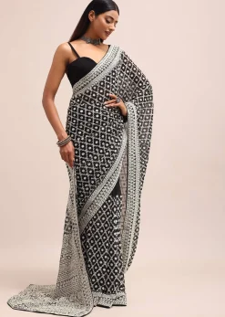 Black Georgette Chikankari Saree With Unstitiched Blouse