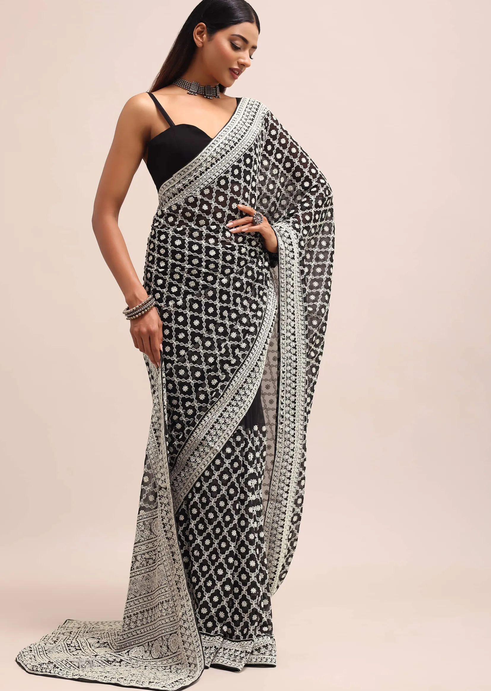 Black Georgette Chikankari Saree With Unstitiched Blouse