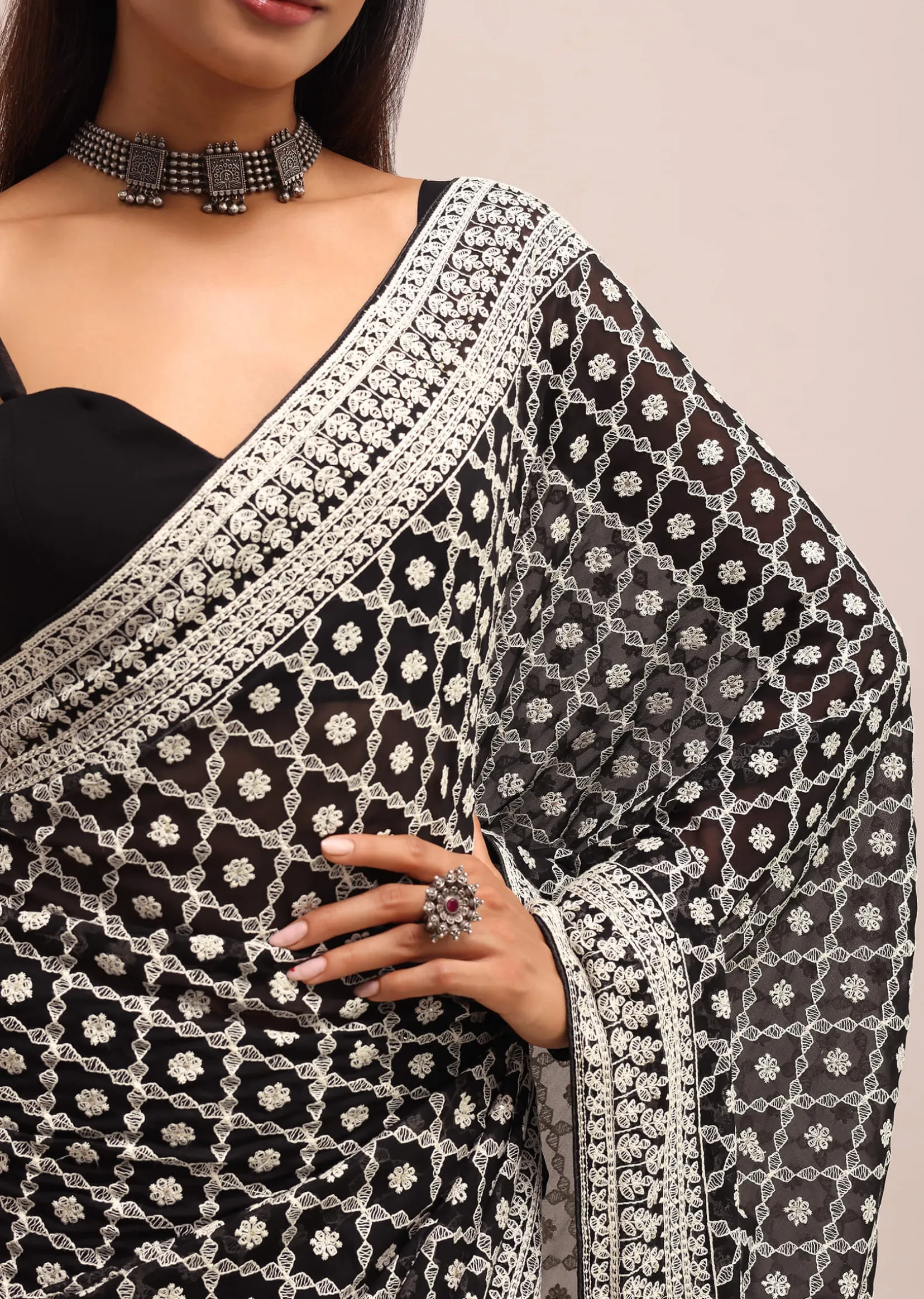 Black Georgette Chikankari Saree With Unstitiched Blouse